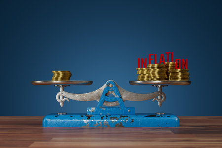 Inflation destroys the value of savings. Concept with scales. Small amount of coins on is balanced with large amount of coins and text inflation.の写真素材