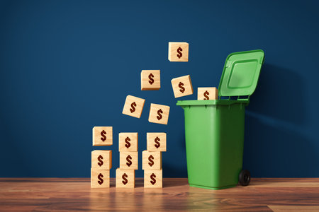 Inflation concept with wooden cubes with symbol of dollar fly to garbage can. Visual metaphor of devaluation of savings by inflation.の写真素材