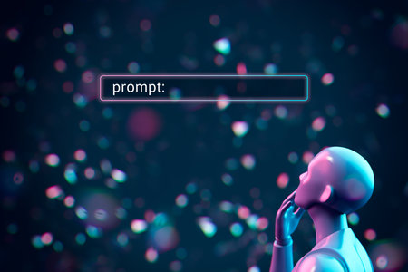 Artificial intelligence AI think about prompt (command). Artificial intelligence (AI service concept) represented by a humanoid figure in a thoughtful gesture is waiting for prompt (assignment).の写真素材