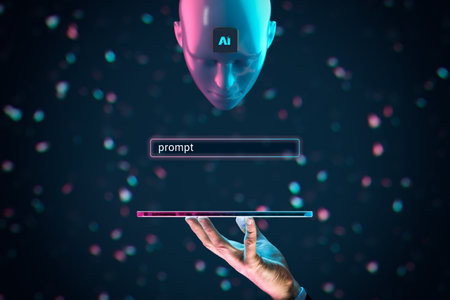 Artificial intelligence AI thinks about prompt (command) entered by AI user. Artificial intelligence represented by humanoid head with AI chip is waiting for prompt (assignment).の写真素材