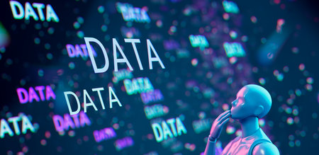 Machine learning Artificial Intelligence (AI) data analysis concept. Artificial intelligence (AI) represented by humanoid (android) learns from sample data known as training data. Wide composition.の素材
