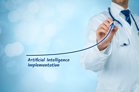 Growing implementation of artificial intelligence in healthcare concept. Doctor with stethoscope draw exponential growing graph with text Artificial Intelligence Implementation.の写真素材