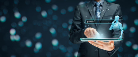 Artificial intelligence AI thinks about prompt (command) entered by AI user. Artificial intelligence represented by a humanoid figure in a thoughtful gesture is waiting for prompt (assignment).の写真素材