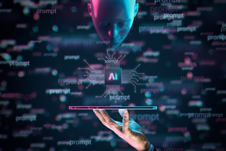 Artificial intelligence AI thinks about prompts (commands). Artificial intelligence represented by humanoid head analysis prompts (assignment).の写真素材