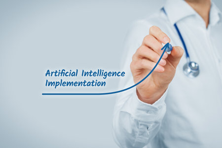 Growing implementation of artificial intelligence in healthcare concept. Doctor with stethoscope draw exponential growing graph with text Artificial Intelligence Implementation.の写真素材