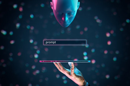 Artificial intelligence AI think about prompt (commands). Artificial intelligence represented by humanoid head analysis prompts (assignment).の写真素材
