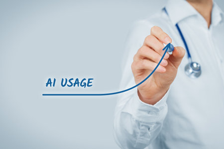 Growing artificial intelligence (AI) usage in healthcare concept. Doctor with stethoscope draw exponential growing graph with text AI usageの写真素材