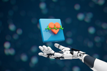 Artificial intelligence and robotics usage in healthcare concept. Robotic hand and symbol of heart and ECG.の写真素材