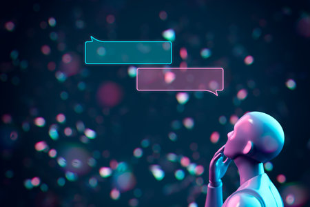 Chatbot artificial intelligence communication concept. Artificial intelligence represented by humanoid and speech bubbles. Cyberpunk color scheme with purple and blue colors.の写真素材