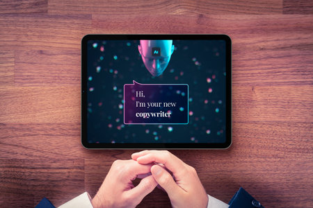 Artificial intelligence replace copywriter, concept. AI generative copywriter greets its new client, digital tablet user. AI represented by android head.の写真素材