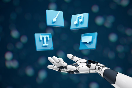 Artificial intelligence and creativity concept. AI creative services - copywriter, image generators, music, chatbot. AI represented by robotics hand.の写真素材