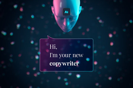 Artificial intelligence replace copywriter, concept. AI represented by humanoid head, cyberpunk color scheme.の写真素材