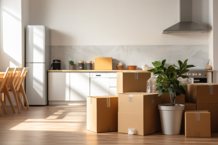 Moving house - kitchen full of boxes. Generated with the use of an AI.の素材