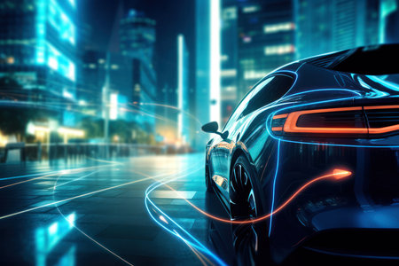 Futuristic electric car in futuristic night city, concept. Generated with the use of an AI.の素材