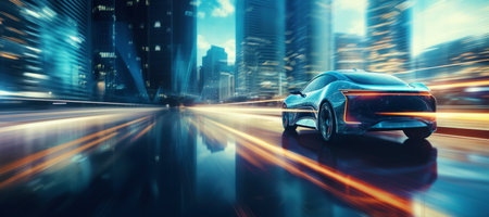 Futuristic electric car, concept. A car drives down the street in a futuristic city, long time exposure traffic. Wide composition. Generated with the use of an AI.の素材