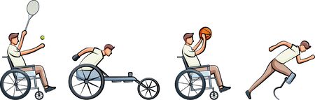Disabilities day. Man use wheelchairs. Disabled athlete running, playing basketball, and tennis. Character hand drawn style design set template.のイラスト素材