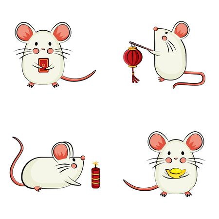 Happy Chinese new year 2020. Cute mouse cartoon vector illustration design templete set collection. Year of Rat zodiac. Mouse holding chinese red paper, fortune symbol, firecracker, and lanterns.のイラスト素材