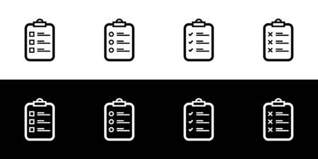 Task or checklist icon set. Flat design icon collection isolated on black and white background. Questionnaire, agreement, survey, or quality check list. のイラスト素材