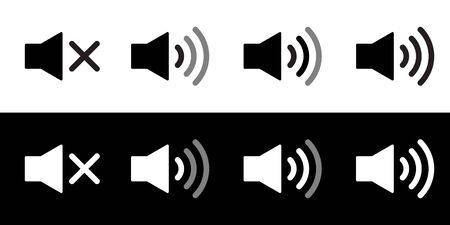 Speaker icon set. Flat sound speaker music icon symbol set black and white. Megaphone icon set. Realistic speaker or sound notification. Mute, low, medium, and high or maximum volume.のイラスト素材