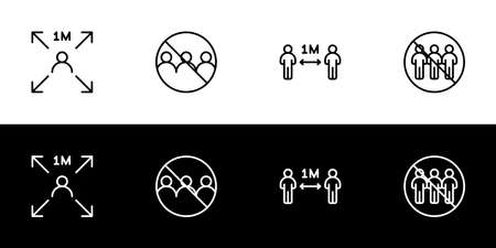 Social distancing icon set. Flat design icon collection isolated on black and white background. Virus prevention. Avoid close contact and crowd.のイラスト素材