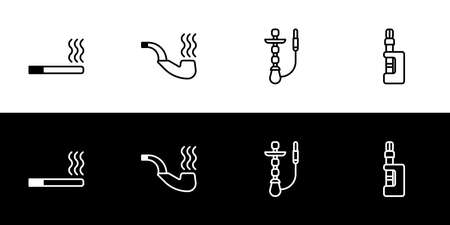 Cigarettes type icon set. Flat design icon collection isolated on black and white background. Cigarette, cigar or pipe, vape or vapor, and shisha.のイラスト素材