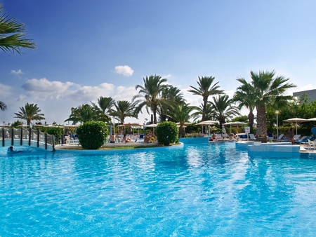 Relaxing swimming pool rounded by palm treesの写真素材