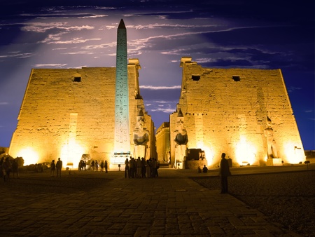 Main pylon of Luxor temple at night, Thebes  Egyptのeditorial素材