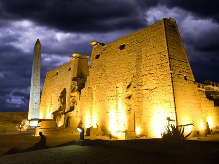 Main pylon of Luxor temple at night, Thebes  Egyptの写真素材