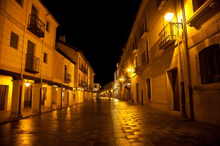 Main street with arcades at night. Burgo de Osma, province of Soria, Spainのeditorial素材