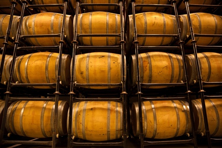 Wine barrels in an aging cellar of Ribera del Duero, Spain