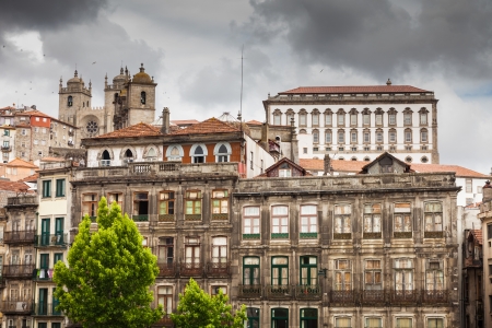 Typical architecture of old Porto downtown  The Cathedral  Se  on top, Portugalの写真素材
