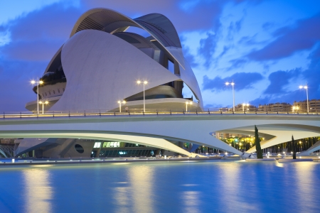Valencia, Spain - August 27, 2011  Palau des Arts Queen Sofia in The City of Arts and Sciences at dusk  Designed by architect Santiago Calatrava, this opera house was opened in 2005のeditorial素材