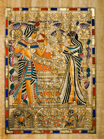 Egyptian papyrus depicting Queen Ankhesenamon bringing a bunch of papyruses and lotto flowers to Faraoh Tutankhamenのeditorial素材