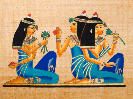 Egyptian papyrus showing some women in a Banquet scene のeditorial素材