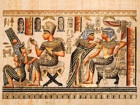 Egyptian papyrus showing both scenes of Tutankhamen and his wife Anhksenamon のeditorial素材