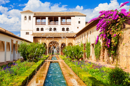 Granada, Spain - October 03, 2013: Alhambra de Granada. The Generalife with its famous fountain and garden. UNESCO World Heritage Siteのeditorial素材