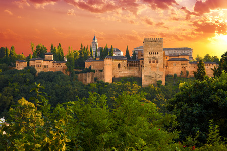 Alhambra de Granada. Exterior view of the Palacios Nazaries and the Partal area at sunset. Spainのeditorial素材