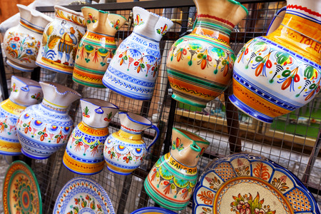 ceramic pitchers of sangria in a market of Toledo, Spainの写真素材