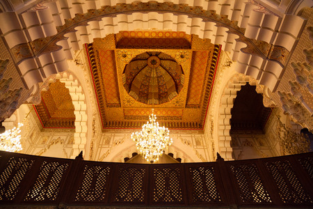Casablanca, Morocco - September 9, 2015: Great praying hall of Hassan II mosque. View of the magnificently decorated ceilingのeditorial素材
