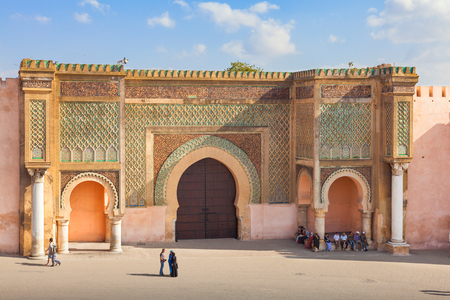 Meknes, Morocco - September 17, 2015: Bab Mansour, gate of the old medina in Meknes, Morocco. Unidentified people visible. The old medina of Meknes is declared UNESCO World Heritage Siteのeditorial素材