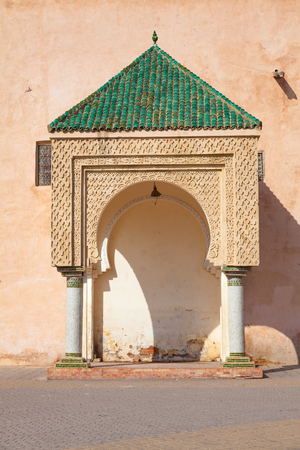 Sentry post with Arabesque sculpted arches in El Hedim Square's fortified wall. Meknes, Morocco.の写真素材