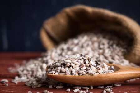 Organic black sticky rice in wooden spoons on sack. Purple rice contains more antioxidant compounds than white rice and they help protect the body's cells from harmful free radicals.の写真素材
