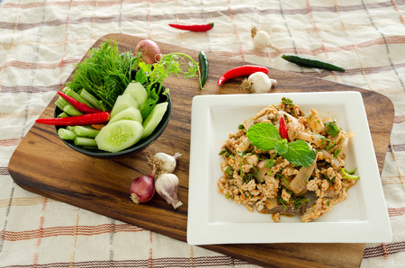 Thai food, Spicy minced pork with vegetables and Spices.の写真素材
