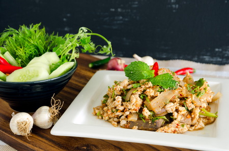 Thai food, Spicy minced pork with vegetables and Spices.の写真素材