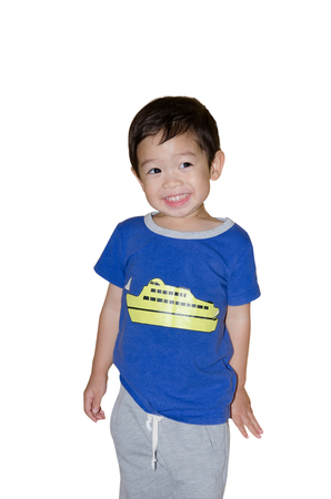 Cute Asian Child  Portrait With Blue T-Shirt On White Backgroundの写真素材