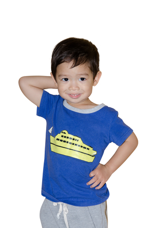 Cute Asian Child  Portrait With Blue T-Shirt On White Backgroundの写真素材