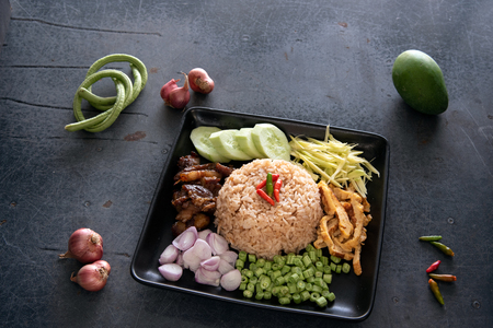 Shrimp Paste Fried Rice. "Kao Klook Kapi" Each of the dish's components is separately prepared and set aside, and mixed individually for each servingの写真素材