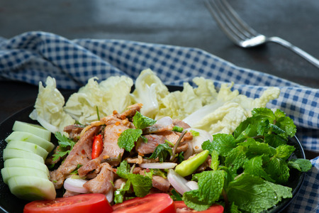 Spicy Grilled Pork Salad, Thai Esan Spicy Food With Fresh Vegetable,の写真素材