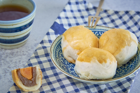 Chinese Pastry, One Of Typical mooncakes, Thick Filled With Durian And Salt Yolk. Chinese Sweet.の写真素材