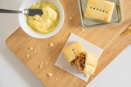 Pineapple Cheese Tart, Beautiful Homemade Pineapple Cheese Tart Put On Wooden Board.
